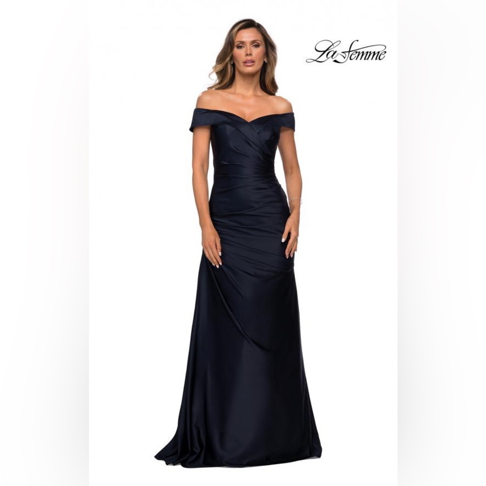 La Femme Off-the-Shoulder Ruched Satin Gown. mother of the bride NWT